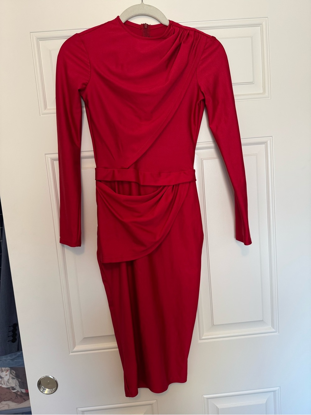 Michael Costello Red Long-Sleeve Draped Midi Dress